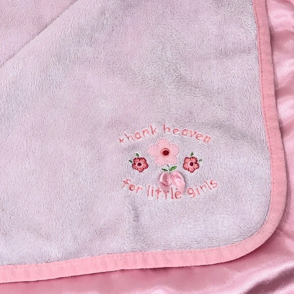 Carters Thank Heaven For Little Girls Baby Blanket Pink Satin Trim Flowers